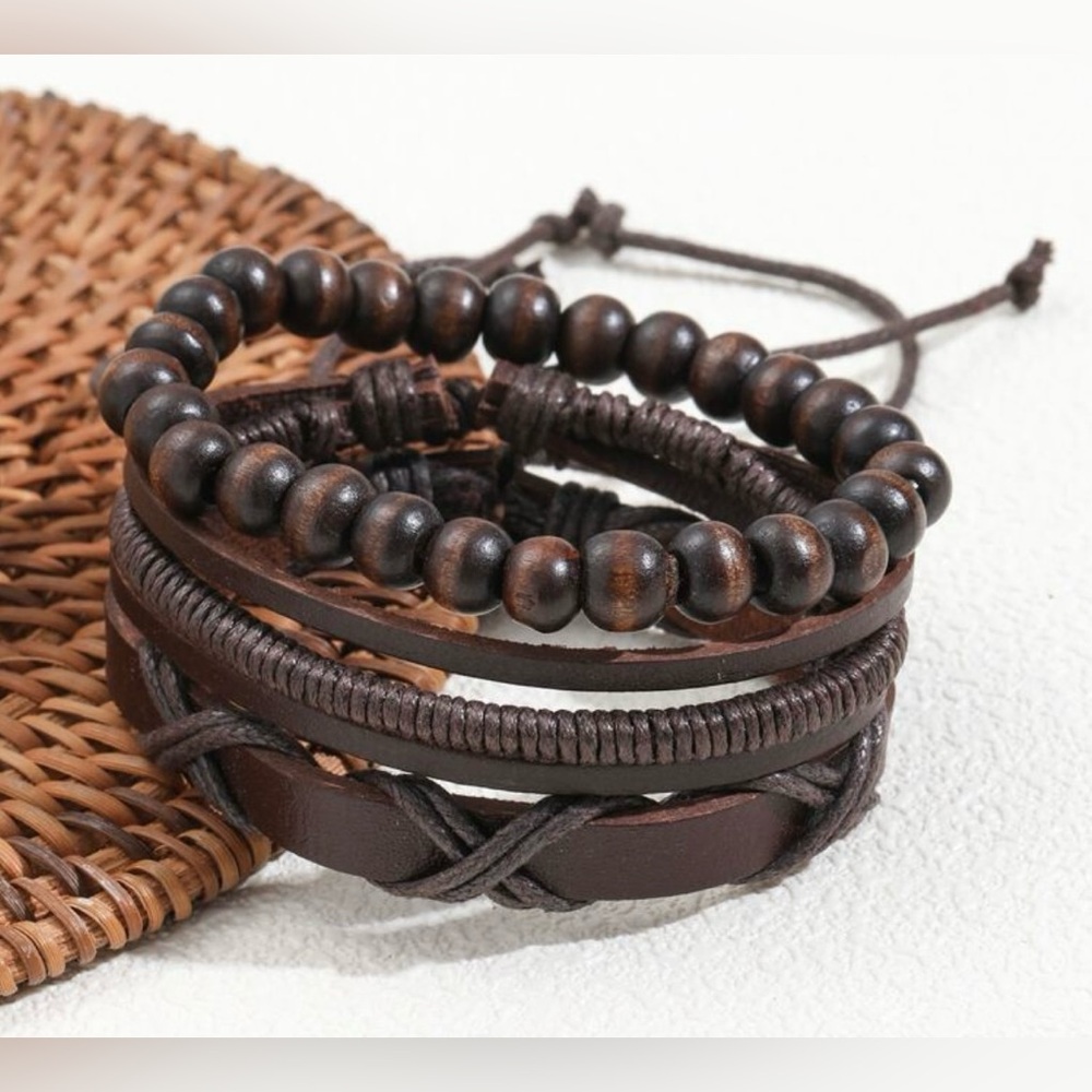 Leather Wooden 3 pc Bracelet